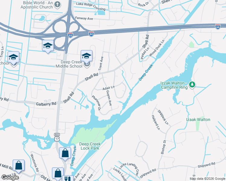 map of restaurants, bars, coffee shops, grocery stores, and more near 600 Adair Lane in Chesapeake