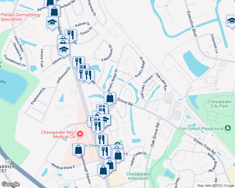 map of restaurants, bars, coffee shops, grocery stores, and more near 204 Knell's Ridge Drive in Chesapeake