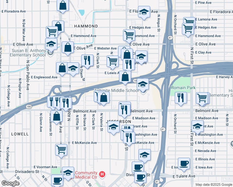 map of restaurants, bars, coffee shops, grocery stores, and more near 2326 East Thomas Avenue in Fresno