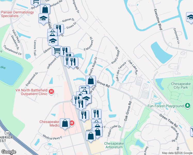 map of restaurants, bars, coffee shops, grocery stores, and more near 1005 Southampton Court in Chesapeake