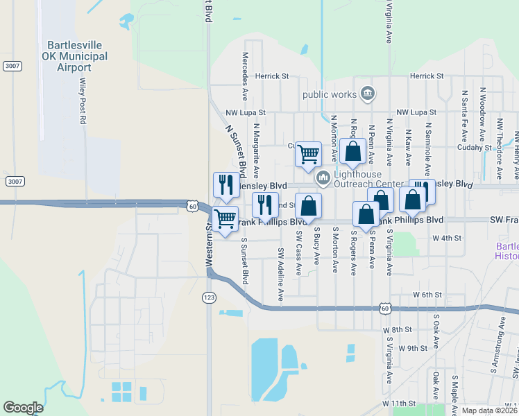 map of restaurants, bars, coffee shops, grocery stores, and more near 1717 West 2nd Street in Bartlesville