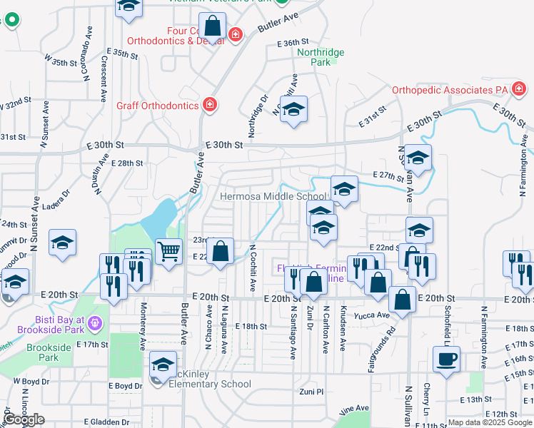 map of restaurants, bars, coffee shops, grocery stores, and more near 1000 East 25th Street in Farmington
