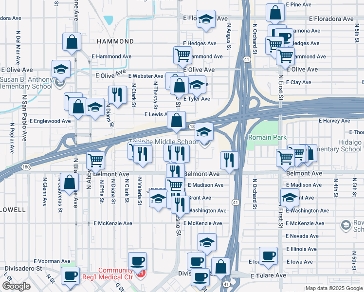 map of restaurants, bars, coffee shops, grocery stores, and more near 720 North Fresno Street in Fresno