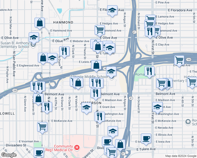 map of restaurants, bars, coffee shops, grocery stores, and more near 720 North Fresno Street in Fresno