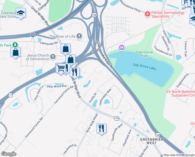 map of restaurants, bars, coffee shops, grocery stores, and more near 1001 Wickford Court in Chesapeake