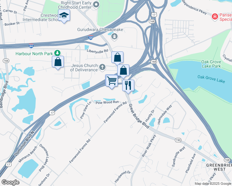 map of restaurants, bars, coffee shops, grocery stores, and more near 910 Great Bridge Boulevard in Chesapeake