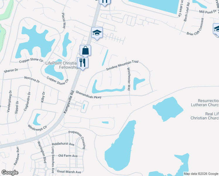 map of restaurants, bars, coffee shops, grocery stores, and more near 1001 Cumberland Court in Chesapeake