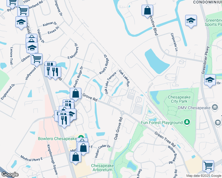map of restaurants, bars, coffee shops, grocery stores, and more near 204 Twin Oaks Court in Chesapeake