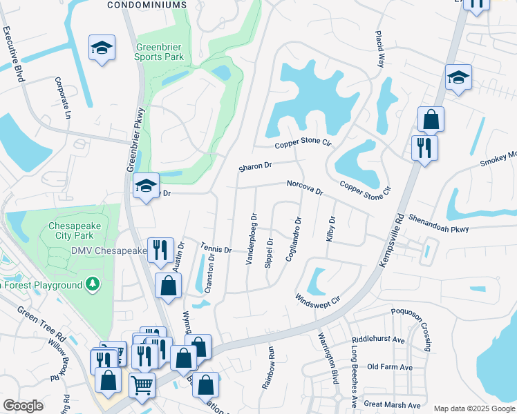 map of restaurants, bars, coffee shops, grocery stores, and more near 1061 Vanderploeg Drive in Chesapeake