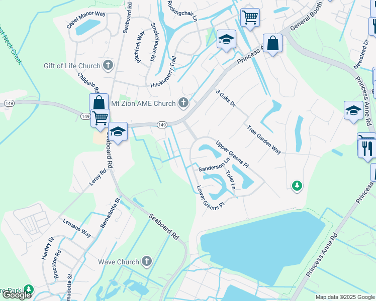 map of restaurants, bars, coffee shops, grocery stores, and more near 2524 Bodnar Lane in Virginia Beach