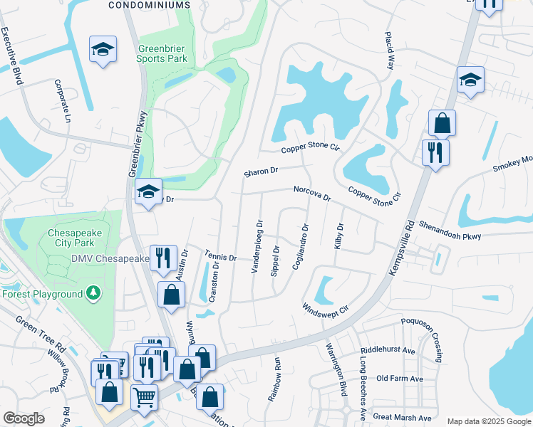 map of restaurants, bars, coffee shops, grocery stores, and more near 1061 Vanderploeg Drive in Chesapeake