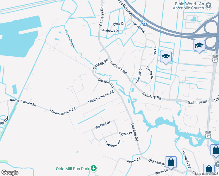 map of restaurants, bars, coffee shops, grocery stores, and more near 3605 Old Mill Road in Chesapeake