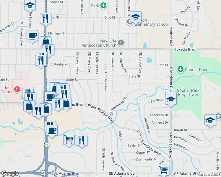 map of restaurants, bars, coffee shops, grocery stores, and more near 308 Southeast Elmhurst Avenue in Bartlesville