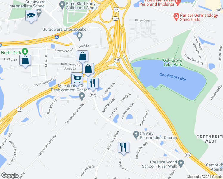 map of restaurants, bars, coffee shops, grocery stores, and more near 813 Wickford Drive in Chesapeake
