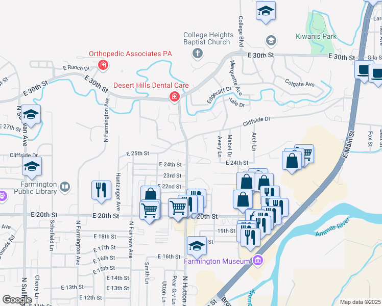 map of restaurants, bars, coffee shops, grocery stores, and more near 2408 North Hutton Avenue in Farmington
