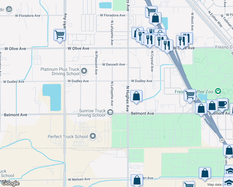 map of restaurants, bars, coffee shops, grocery stores, and more near 724 North Lafayette Avenue in Fresno