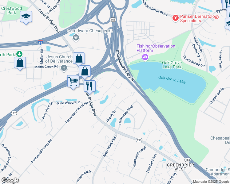 map of restaurants, bars, coffee shops, grocery stores, and more near 618 Rue Saint La Rogue in Chesapeake