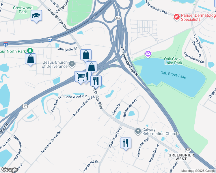 map of restaurants, bars, coffee shops, grocery stores, and more near 800 Wickford Drive in Chesapeake