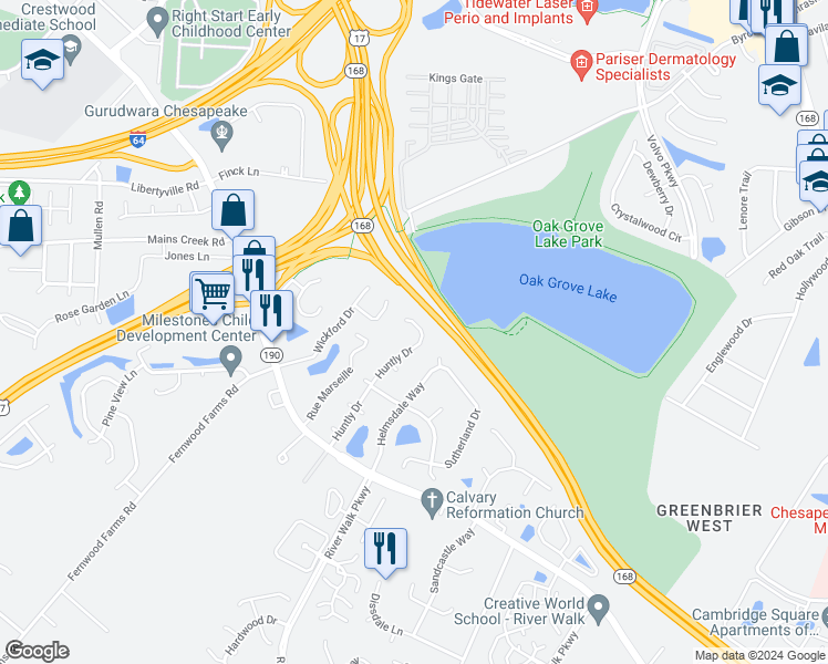 map of restaurants, bars, coffee shops, grocery stores, and more near 810 Huntly Drive in Chesapeake