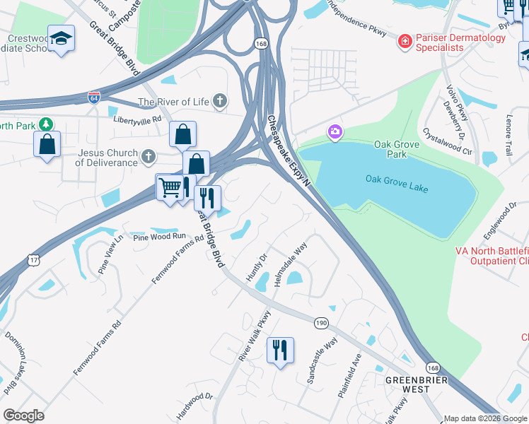 map of restaurants, bars, coffee shops, grocery stores, and more near 1001 Wickford Court in Chesapeake
