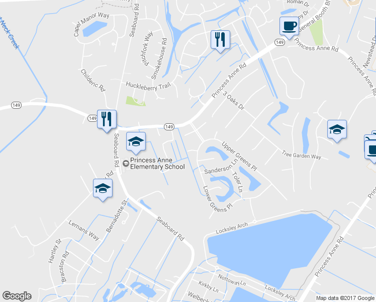 map of restaurants, bars, coffee shops, grocery stores, and more near 2533 Bodnar Lane in Virginia Beach