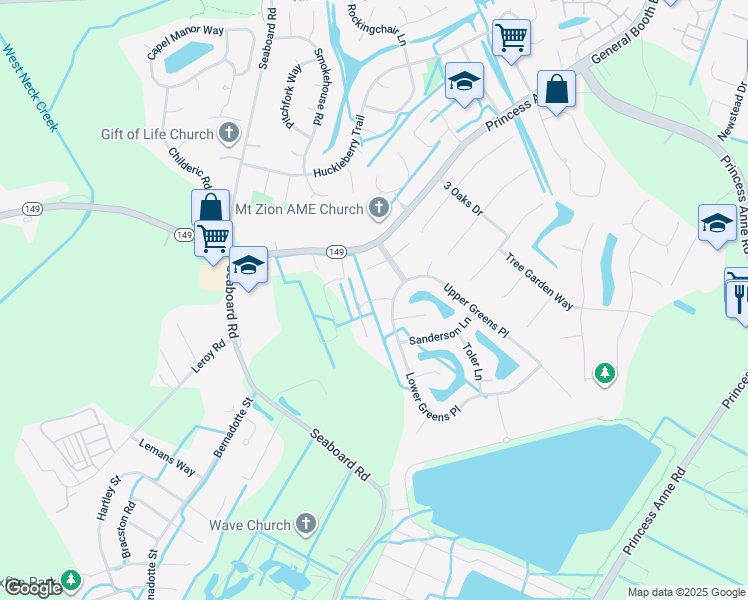 map of restaurants, bars, coffee shops, grocery stores, and more near 2529 Bodnar Lane in Virginia Beach