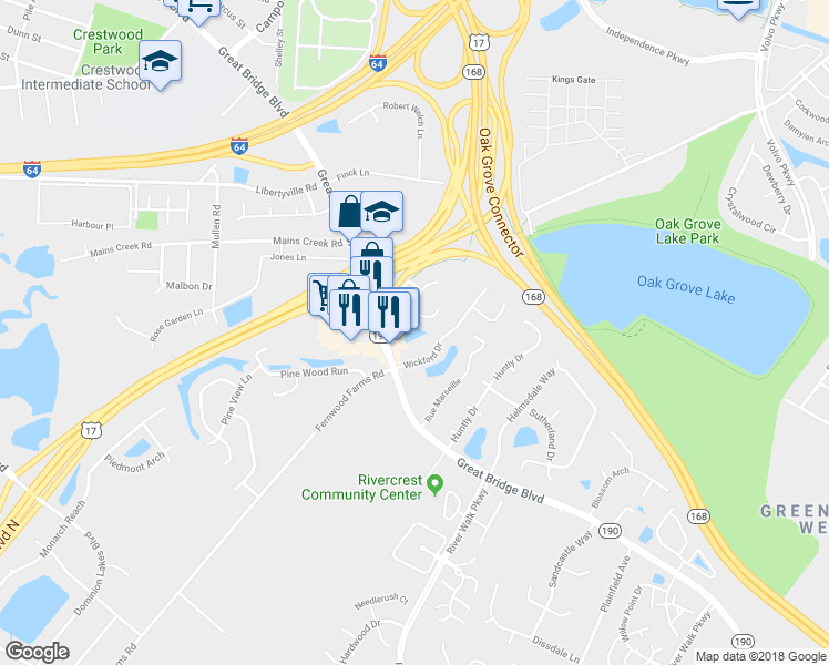 map of restaurants, bars, coffee shops, grocery stores, and more near 729 Hunters Quay in Chesapeake