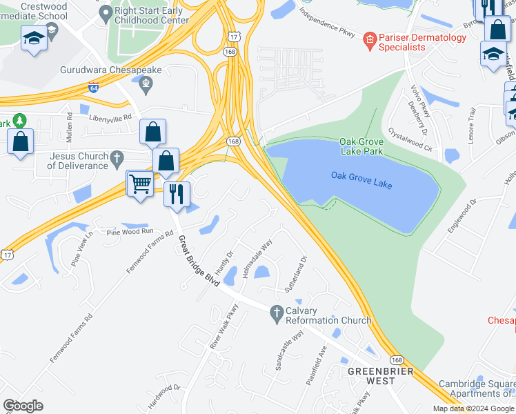 map of restaurants, bars, coffee shops, grocery stores, and more near 820 Huntly Court in Chesapeake