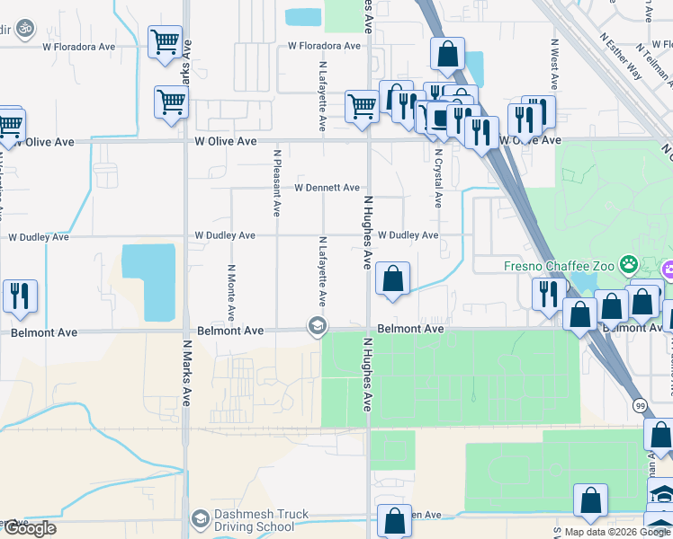 map of restaurants, bars, coffee shops, grocery stores, and more near 724 North Lafayette Avenue in Fresno