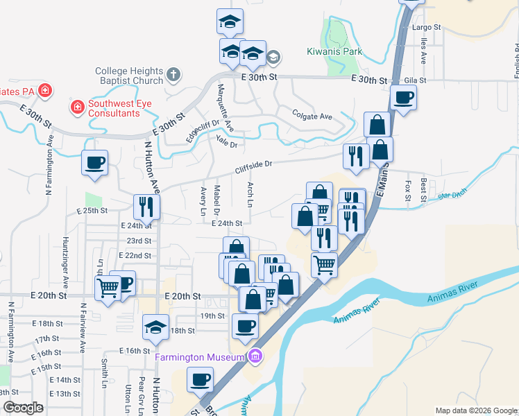 map of restaurants, bars, coffee shops, grocery stores, and more near 2451-2605 Arch Lane in Farmington