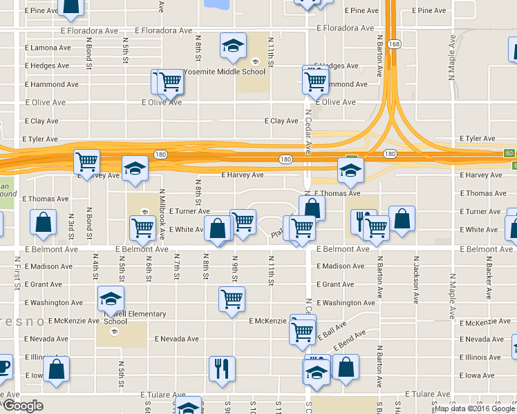 map of restaurants, bars, coffee shops, grocery stores, and more near 4047 East Turner Avenue in Fresno