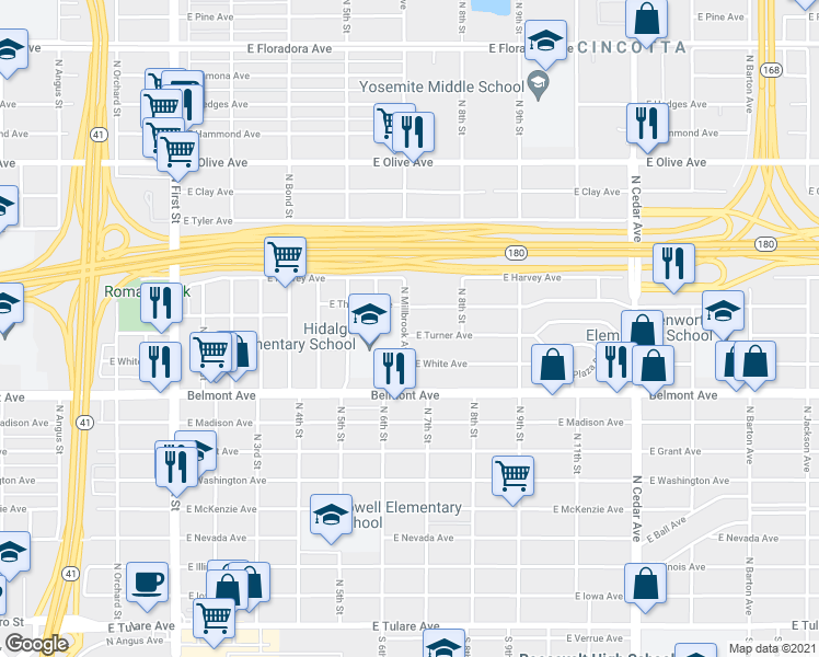 map of restaurants, bars, coffee shops, grocery stores, and more near 3724 East Thomas Avenue in Fresno