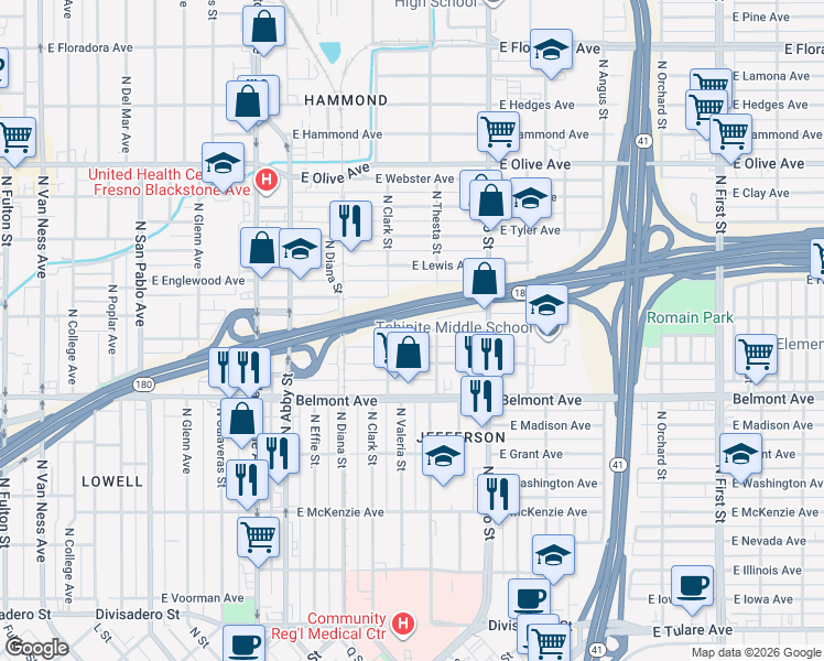 map of restaurants, bars, coffee shops, grocery stores, and more near 2267 North Thesta Street in Fresno