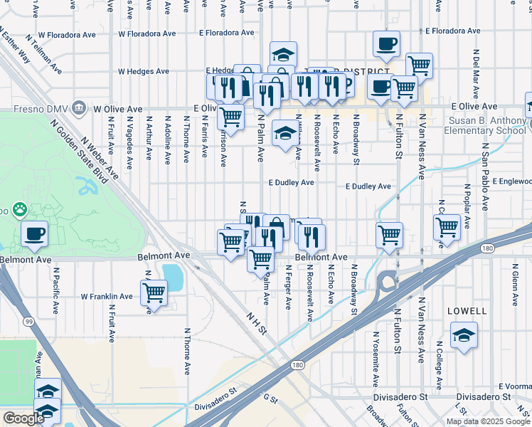 map of restaurants, bars, coffee shops, grocery stores, and more near 735 North Ferger Avenue in Fresno