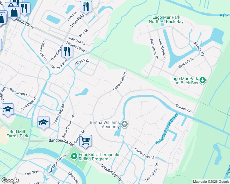 map of restaurants, bars, coffee shops, grocery stores, and more near 2416 Camino Real South in Virginia Beach