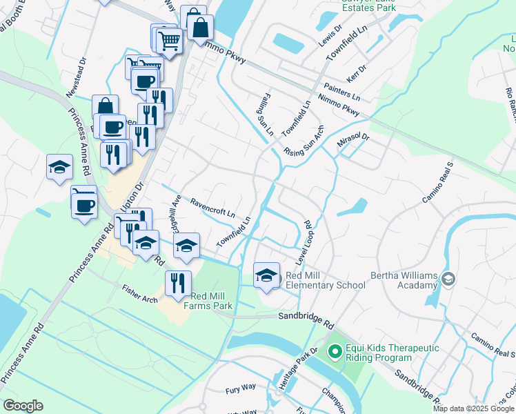map of restaurants, bars, coffee shops, grocery stores, and more near 2512 Townfield Lane in Virginia Beach