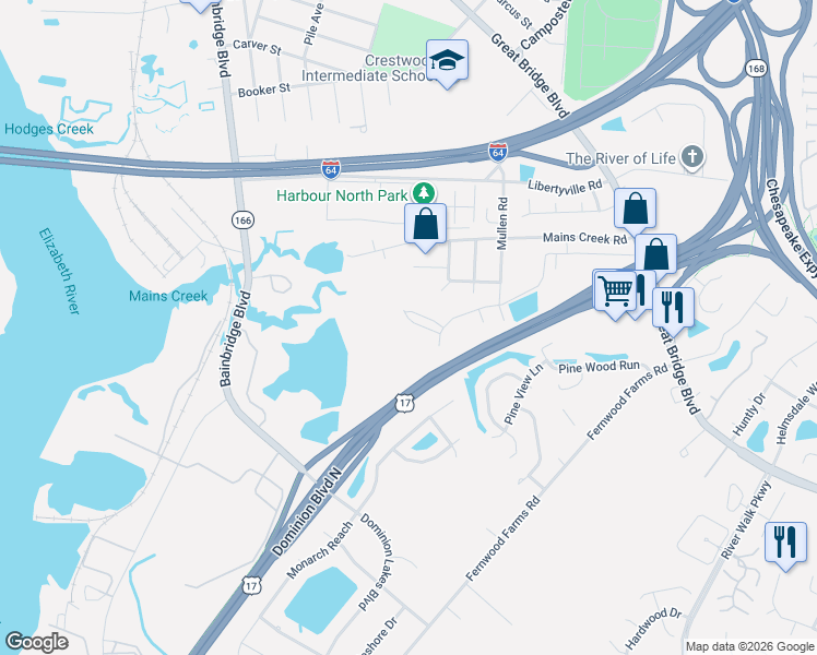 map of restaurants, bars, coffee shops, grocery stores, and more near 718 Albertine Court in Chesapeake