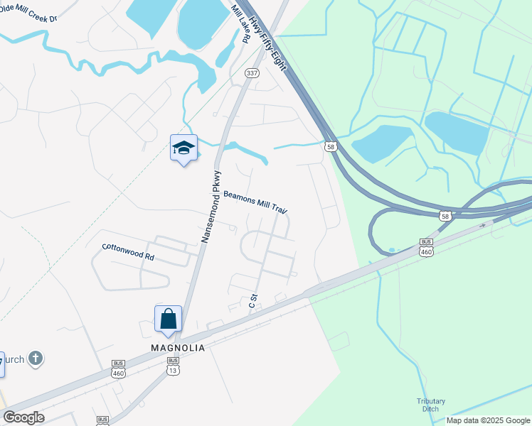 map of restaurants, bars, coffee shops, grocery stores, and more near 208 Millwheel Court in Suffolk