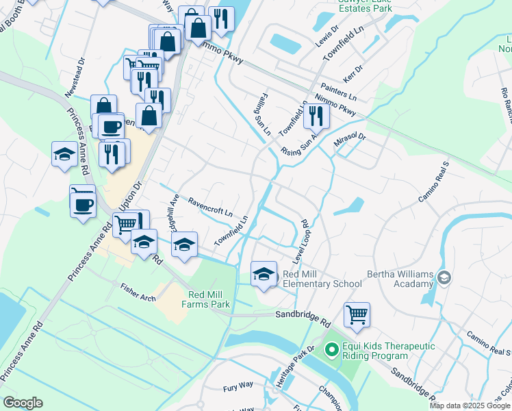 map of restaurants, bars, coffee shops, grocery stores, and more near 2512 Townfield Lane in Virginia Beach