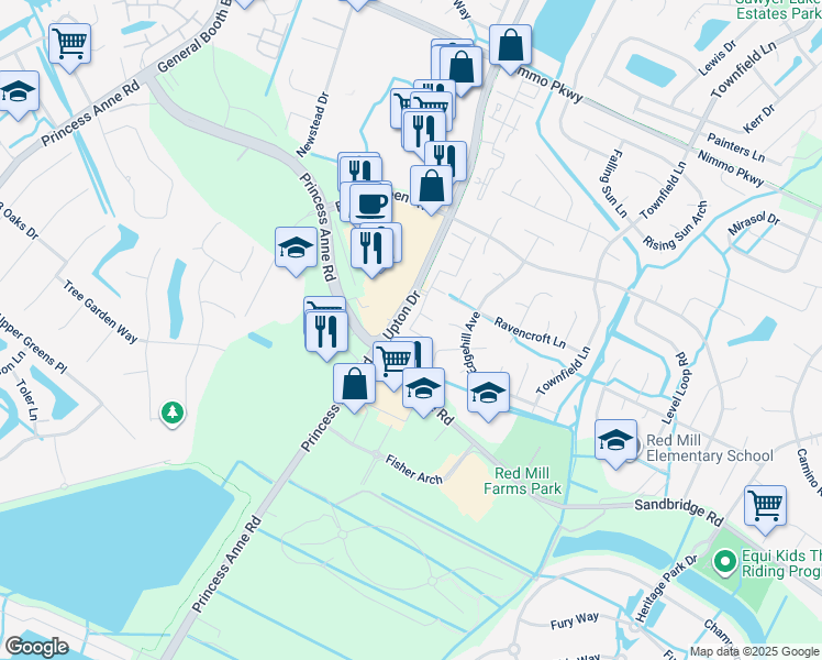 map of restaurants, bars, coffee shops, grocery stores, and more near 2385 Wessington Drive in Virginia Beach