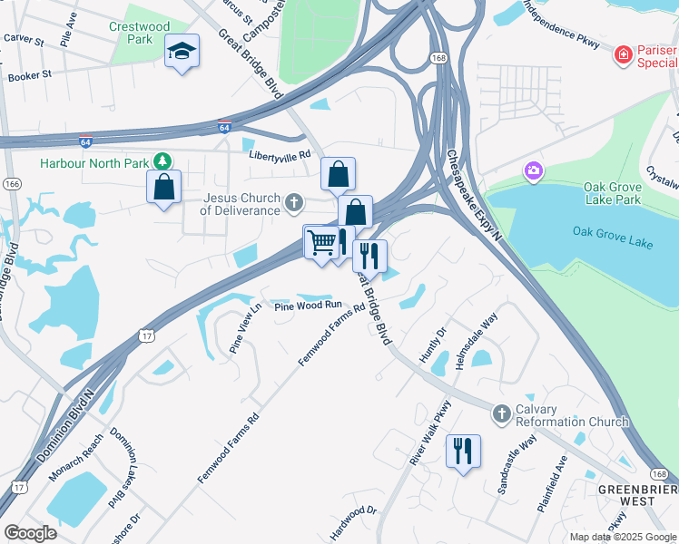 map of restaurants, bars, coffee shops, grocery stores, and more near 910 Great Bridge Boulevard in Chesapeake