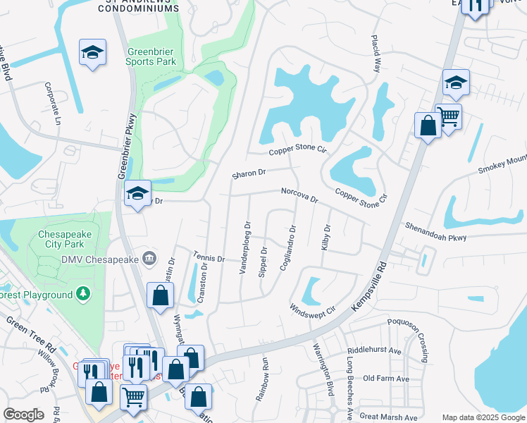 map of restaurants, bars, coffee shops, grocery stores, and more near 1116 Sippel Drive in Chesapeake