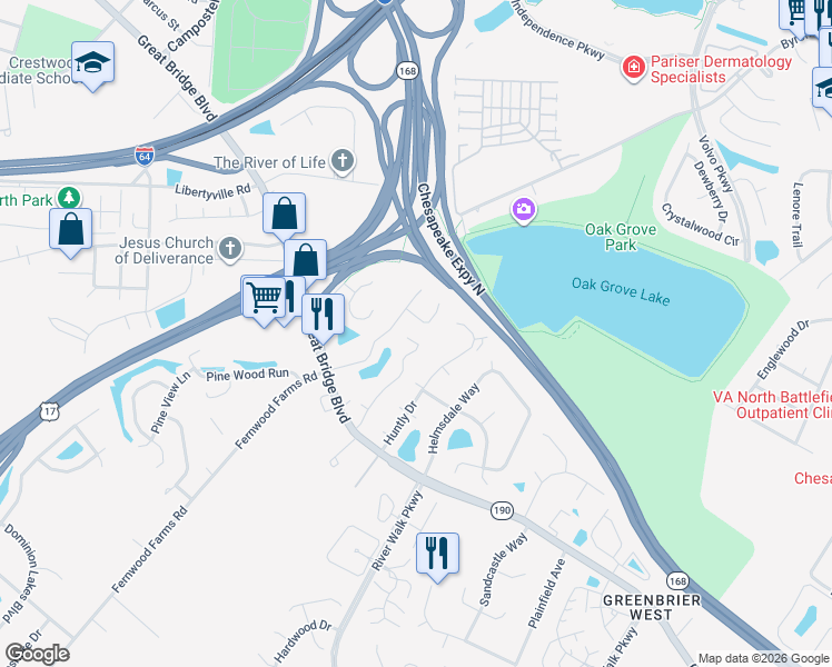 map of restaurants, bars, coffee shops, grocery stores, and more near 614 Rue Saint La Rogue in Chesapeake