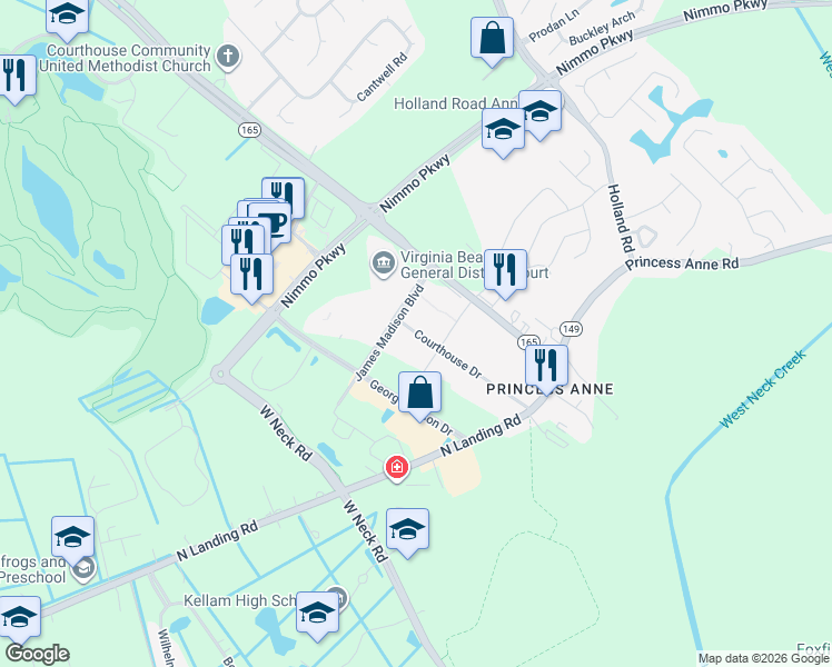 map of restaurants, bars, coffee shops, grocery stores, and more near 2501 Courthouse Drive in Virginia Beach