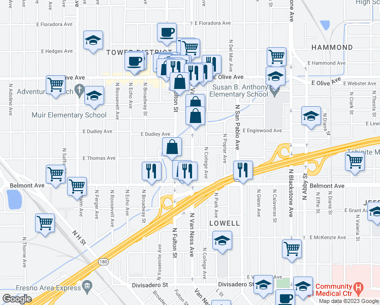 map of restaurants, bars, coffee shops, grocery stores, and more near 713 North Van Ness Avenue in Fresno