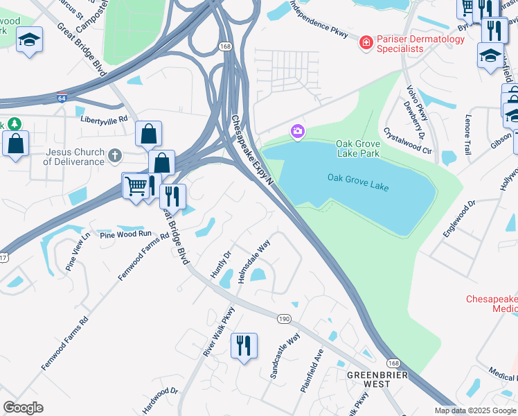 map of restaurants, bars, coffee shops, grocery stores, and more near 1037 Wickford Court in Chesapeake