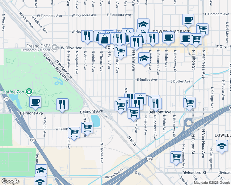 map of restaurants, bars, coffee shops, grocery stores, and more near 809 North Harrison Avenue in Fresno