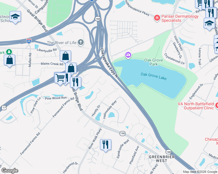 map of restaurants, bars, coffee shops, grocery stores, and more near 1037 Wickford Court in Chesapeake