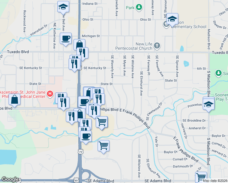 map of restaurants, bars, coffee shops, grocery stores, and more near 311 Southeast Waverly Avenue in Bartlesville