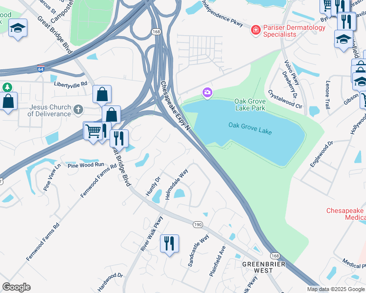 map of restaurants, bars, coffee shops, grocery stores, and more near 810 Huntly Drive in Chesapeake